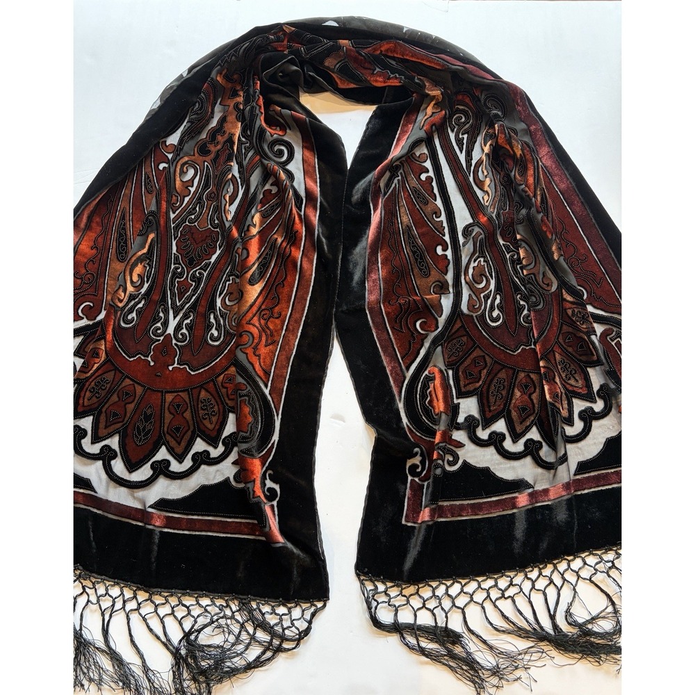 Vintage Black Burnout Velvet Piano Shawl Rust Paisley Knotted Silk Fringe Wrap